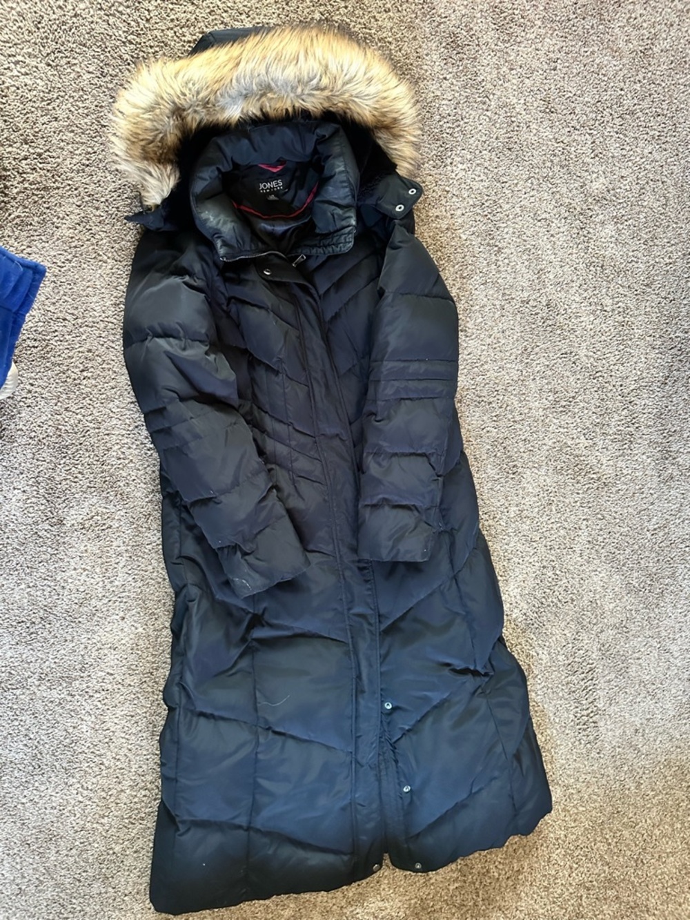 Jones New York Black Long Quilted Down Puffer with Faux Fur Hood Trim